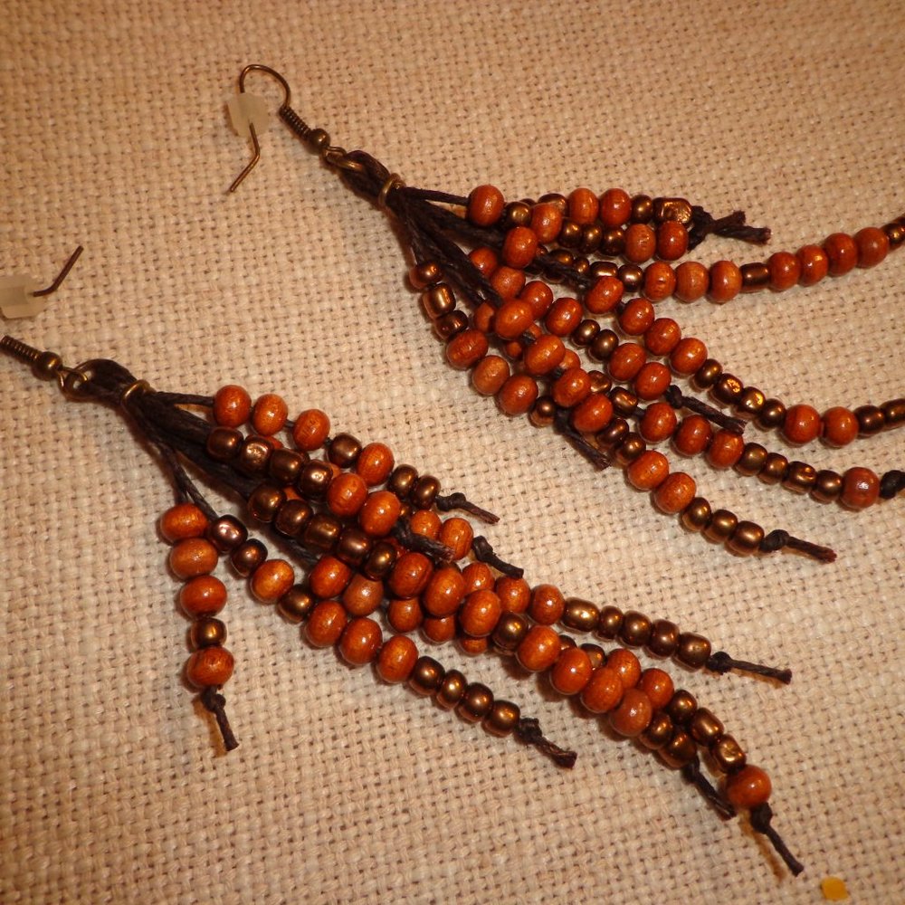 FIRM New Boho Style Earrings Wood/Gold Beads Hemp Cord